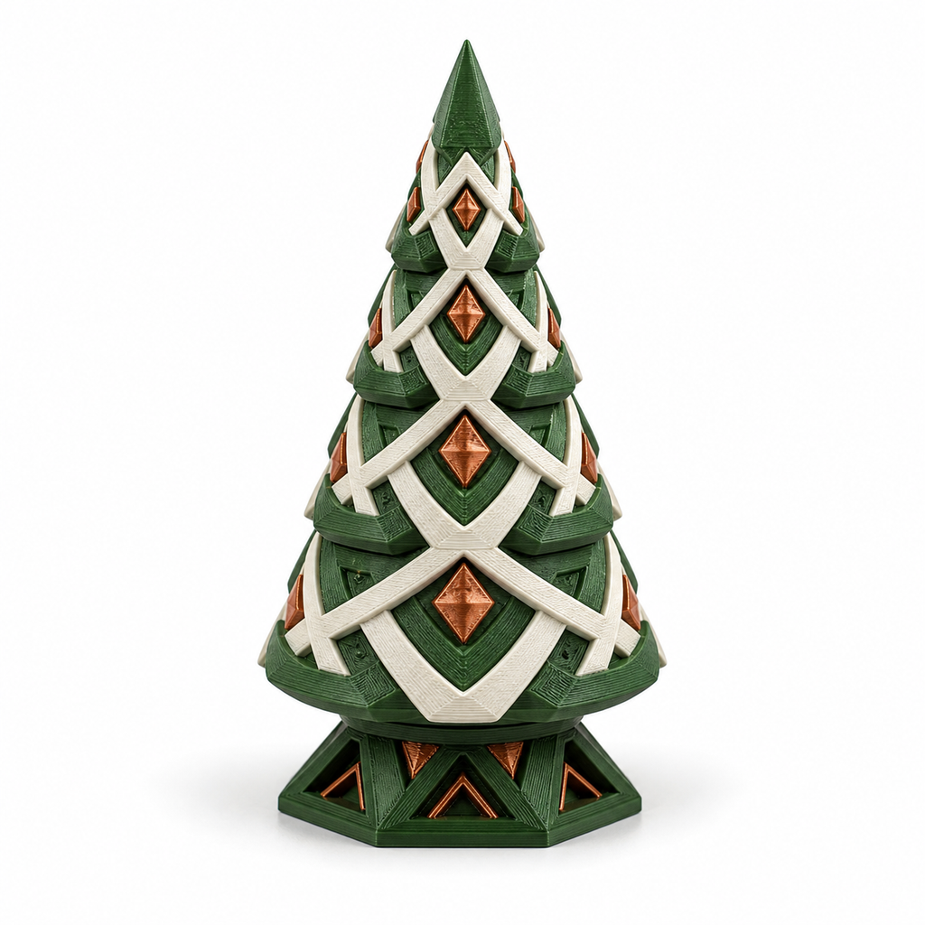 Geometrischer Runen-Weihnachtsbaum in Grün und Creme – Produktansicht auf weißem Hintergrund; Farben: Dunkelgrün, Creme und Kupferbraun.