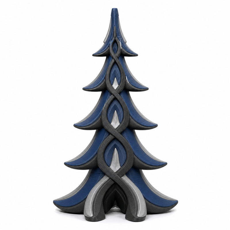 Nordischer Deko-Weihnachtsbaum mit Flechtblättern – Produktansicht auf weißem Hintergrund; Farben: Stahlblau, Silbergrau und Anthrazit.