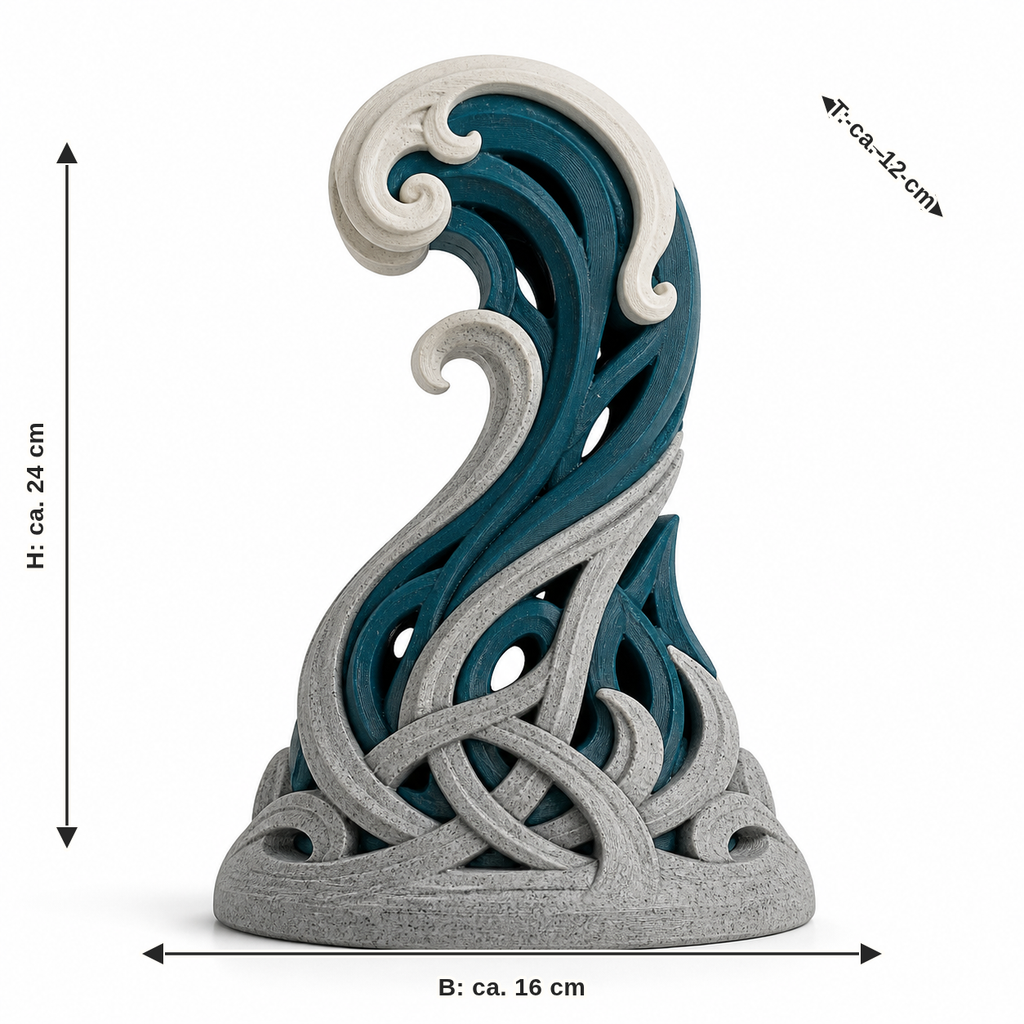 Maßbild für Nordische Wellenskulptur mit Flechtbasis: Breite ca. 16 cm, Tiefe ca. 12 cm, Höhe ca. 24 cm