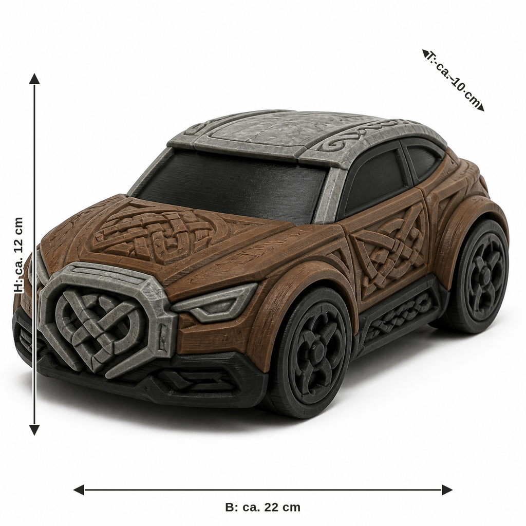 Maßbild für Nordisches Geländewagen-Modell mit Runenfront: Breite ca. 22 cm, Tiefe ca. 10 cm, Höhe ca. 12 cm