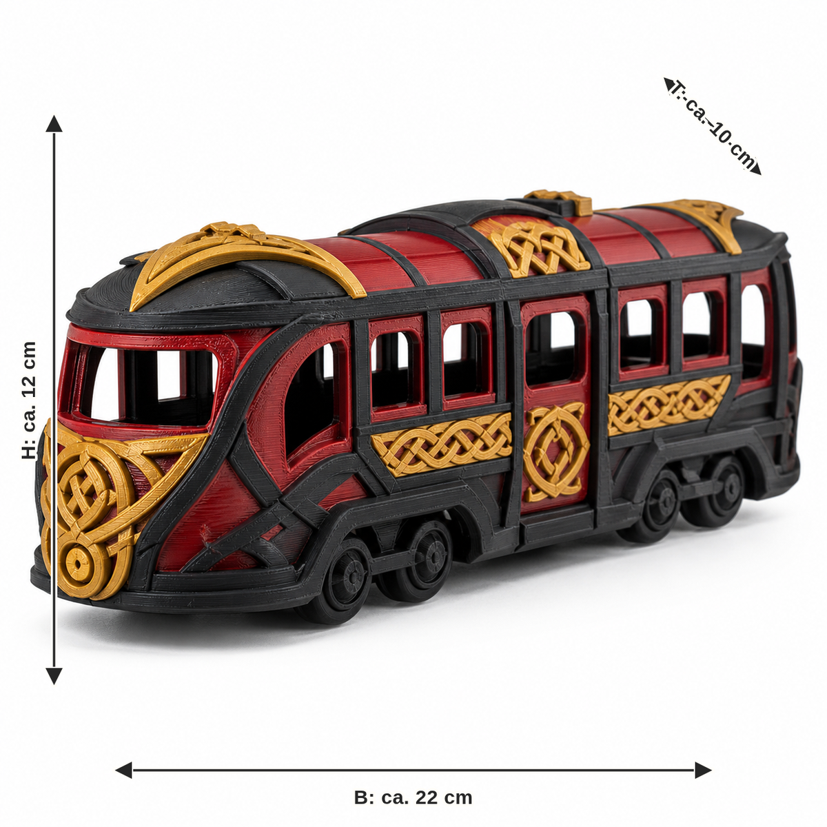 Maßbild für Nordisches Straßenbahn-Modell in Rot und Gold: Breite ca. 22 cm, Tiefe ca. 10 cm, Höhe ca. 12 cm