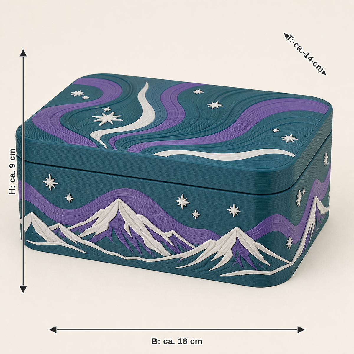 Maßbild für Nordlicht-Aufbewahrungsbox Aurorabox: Breite ca. 18 cm, Tiefe ca. 14 cm, Höhe ca. 9 cm