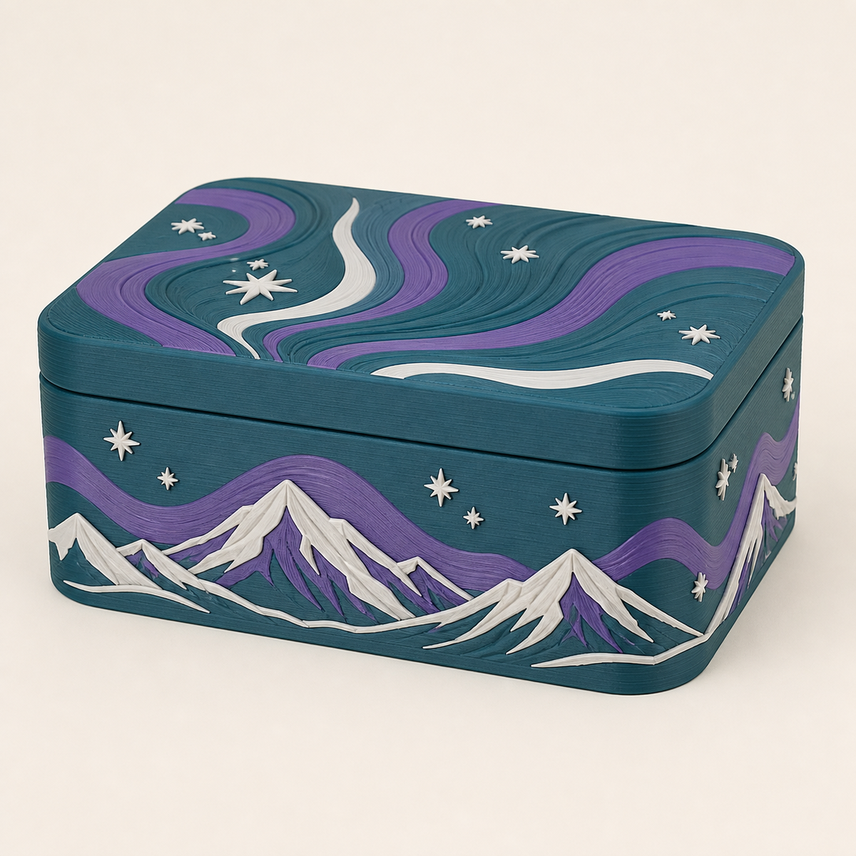 Nordlicht-Aufbewahrungsbox Aurorabox aus 3D-gedrucktem PETG in Petrol, Violett, Frostweiß