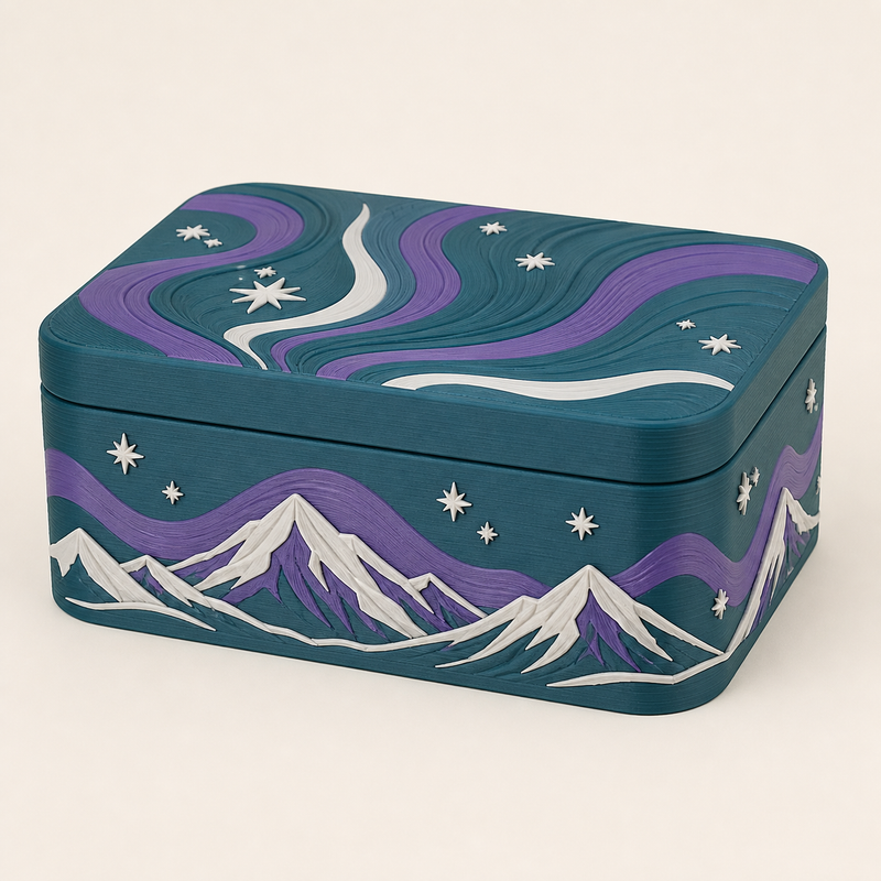 Nordlicht-Aufbewahrungsbox Aurorabox aus 3D-gedrucktem PETG in Petrol, Violett, Frostweiß