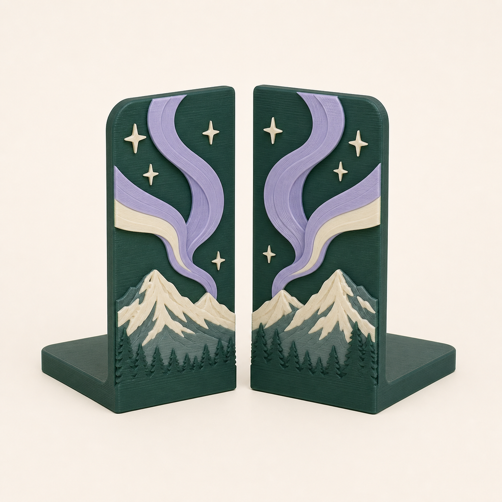 Northern lights-bookends-pair Double wave from 3D-printed PETG in dark green, lavender, cream