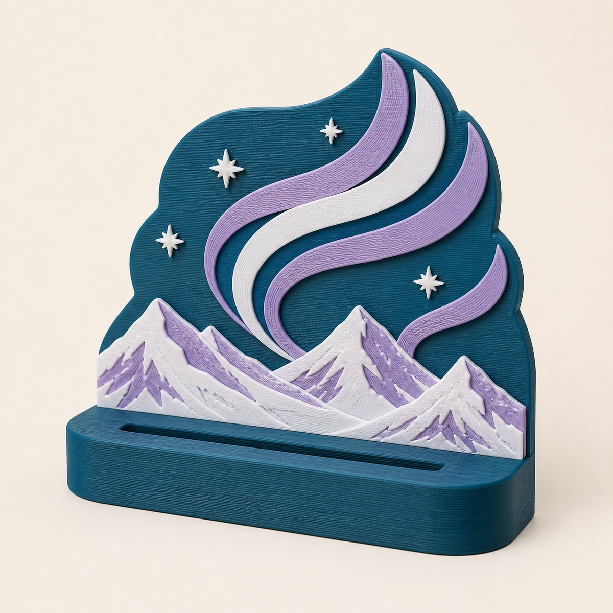Nordlicht-Fotohalter Nordpunkt aus 3D-gedrucktem PETG in Petrol, Violett, Frostweiß
