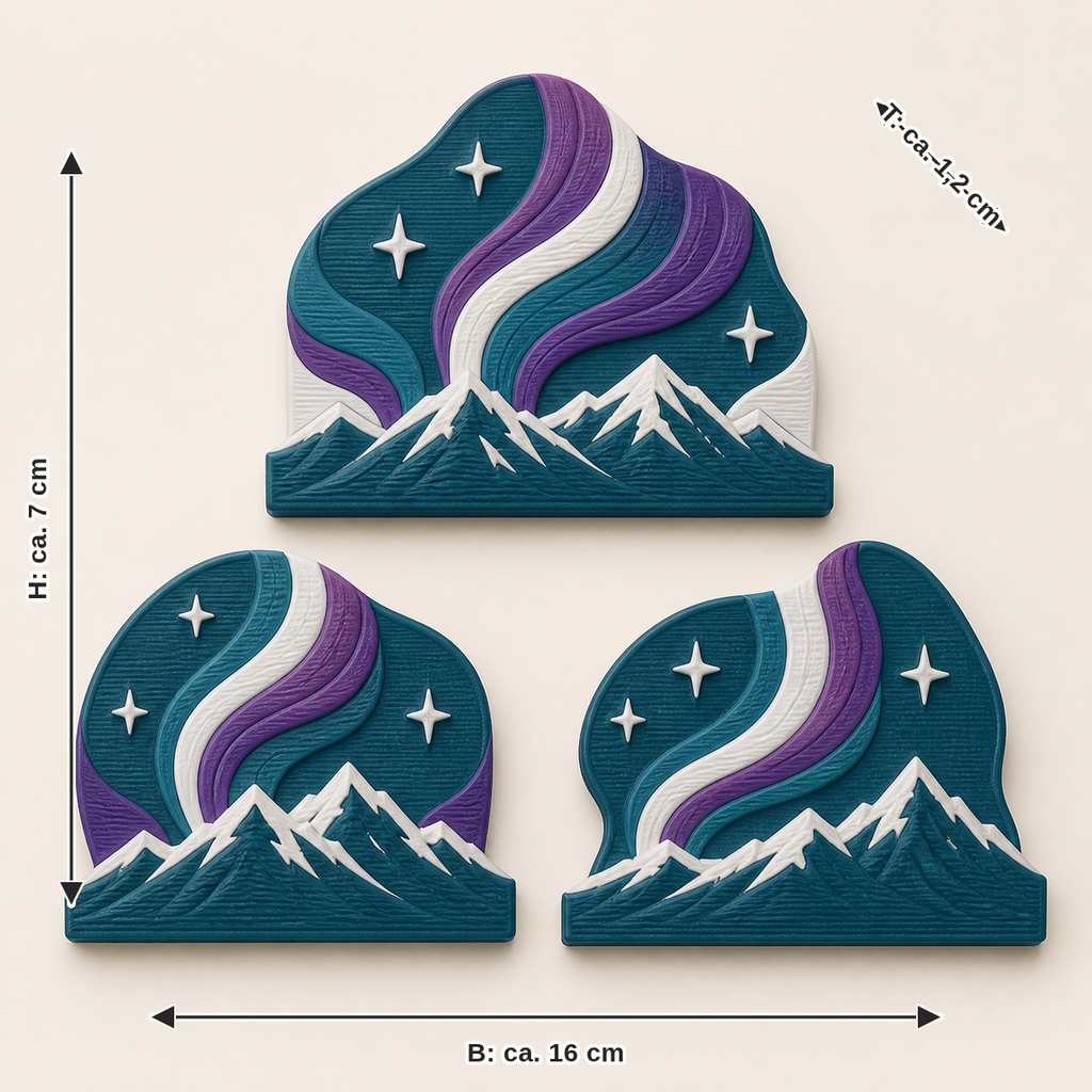 Maßbild für Nordlicht-Magnet-Set Polarlicht-Trio: Breite ca. 16 cm, Tiefe ca. 1.2 cm, Höhe ca. 7 cm