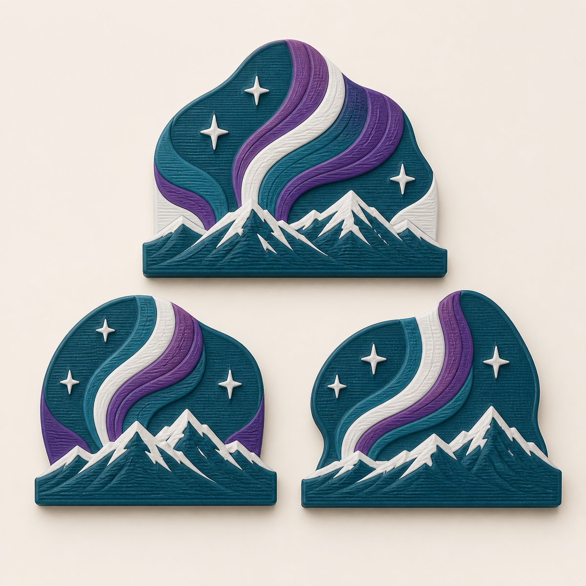 Nordlicht-Magnet-Set Polarlicht-Trio aus 3D-gedrucktem PETG in Petrol, Violett, Frostweiß
