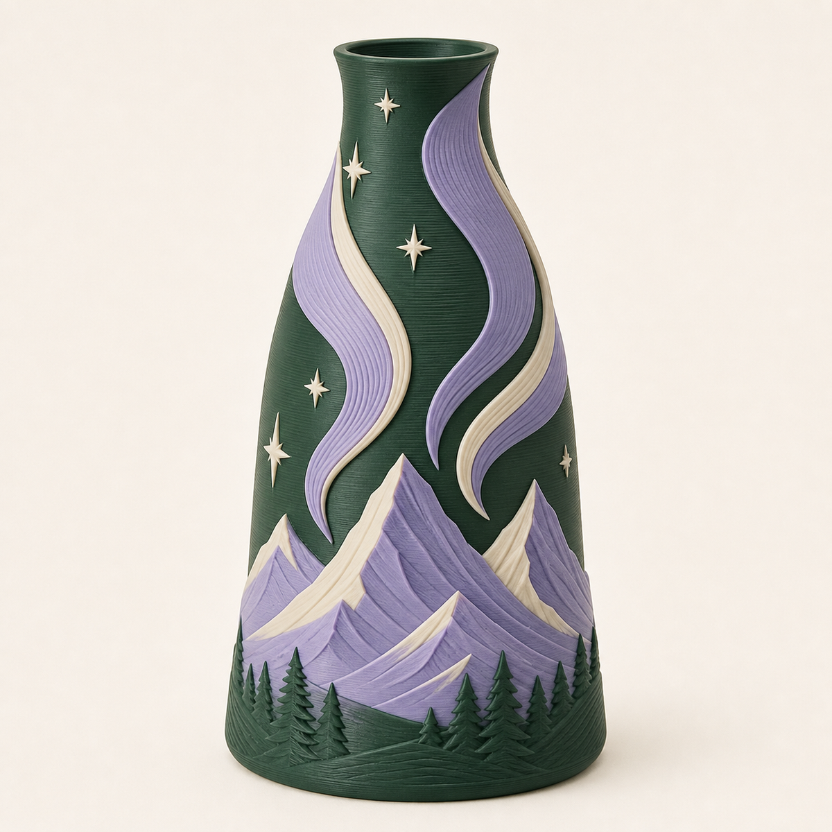 Nordlicht-Trockenblumen-Vase Aurorastiel aus 3D-gedrucktem PETG in Dunkelgrün, Lavendel, Creme