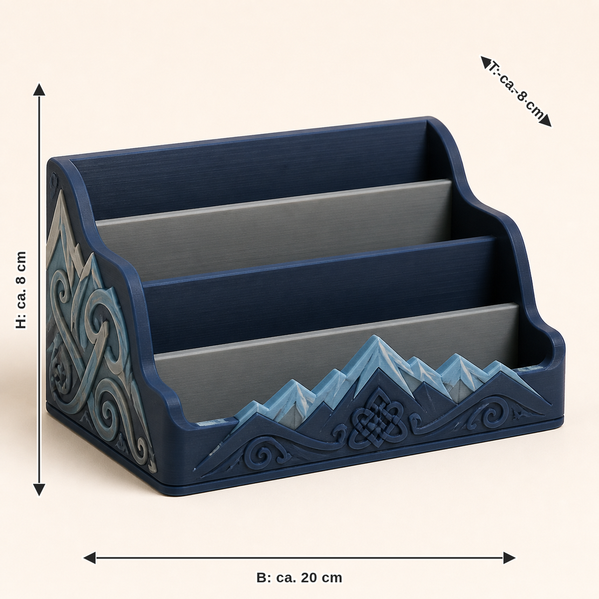 Measurement image for note and card holder lines – Nordic & Mythical: width approx. 20 cm, depth approx. 8 cm, height approx. 8 cm