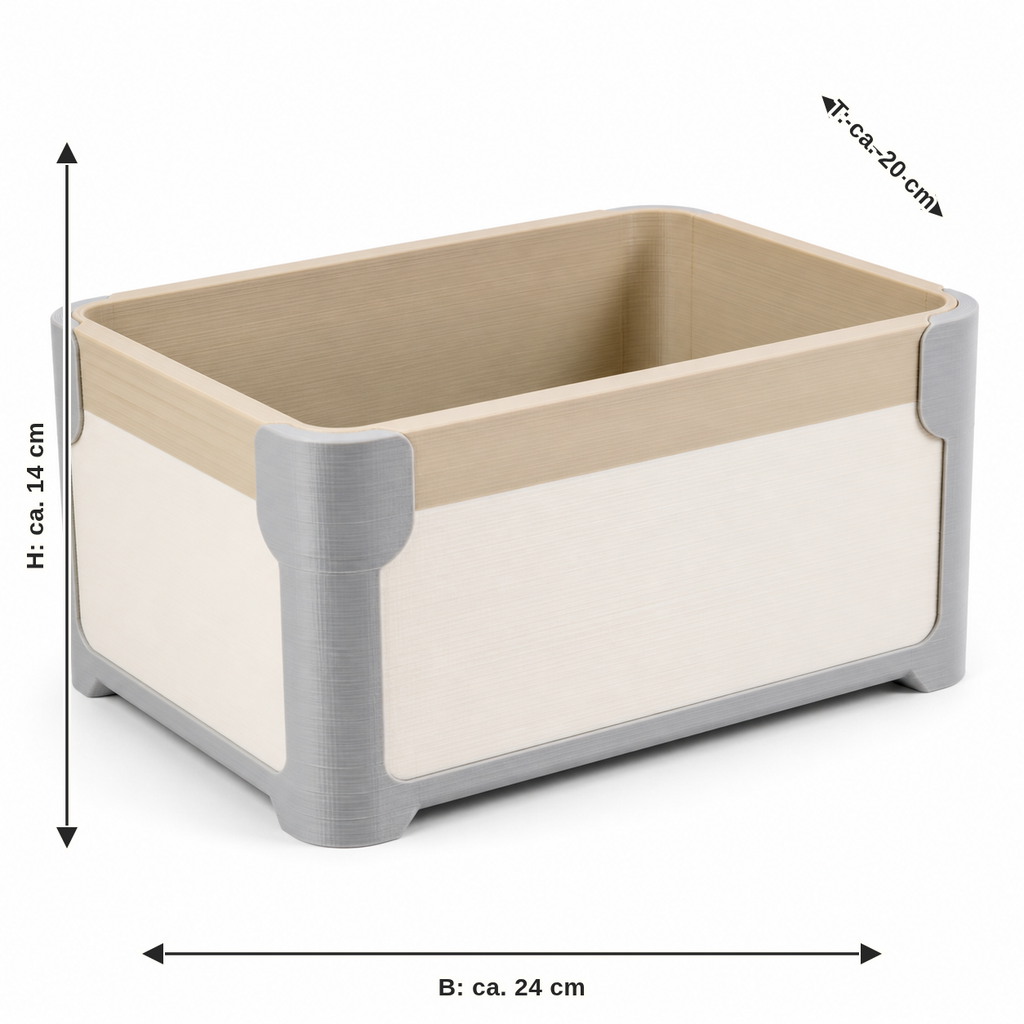 Maßbild für Offene Aufbewahrungsbox in Creme und Grau: Breite ca. 24 cm, Tiefe ca. 20 cm, Höhe ca. 14 cm