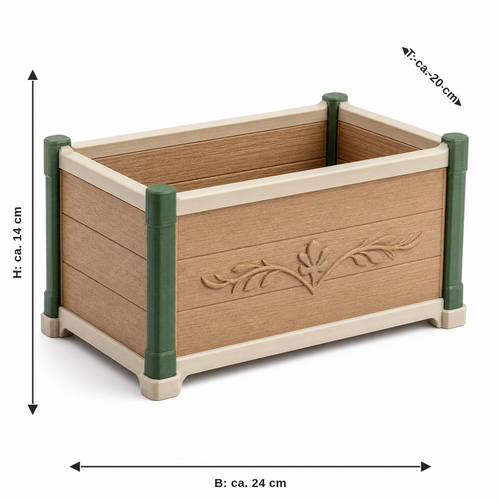 Maßbild für Offene Aufbewahrungsbox mit Eckstreben: Breite ca. 24 cm, Tiefe ca. 20 cm, Höhe ca. 14 cm