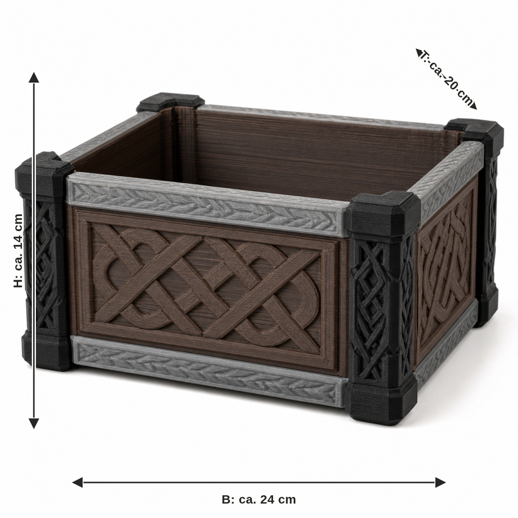 Maßbild für Offene Aufbewahrungsbox mit Knotenpaneelen: Breite ca. 24 cm, Tiefe ca. 20 cm, Höhe ca. 14 cm