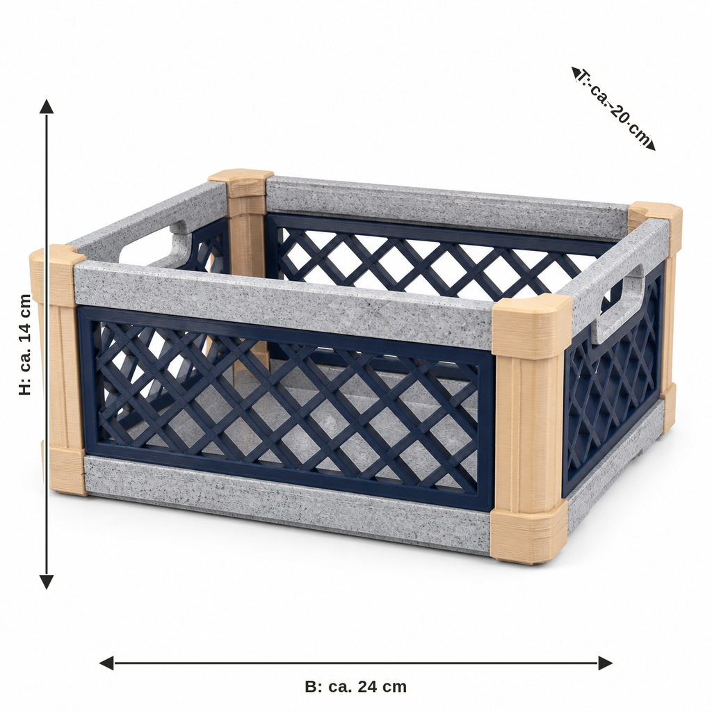 Measurement for open grid box in Navy and stone grey: width approx. 24 cm, depth approx. 20 cm, height approx. 14 cm