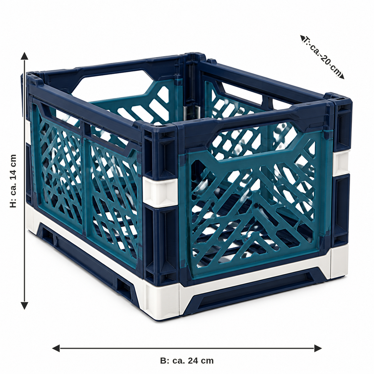 Dimensional image for open storage basket with grid panels: width approx. 24 cm, depth approx. 20 cm, height approx. 14 cm