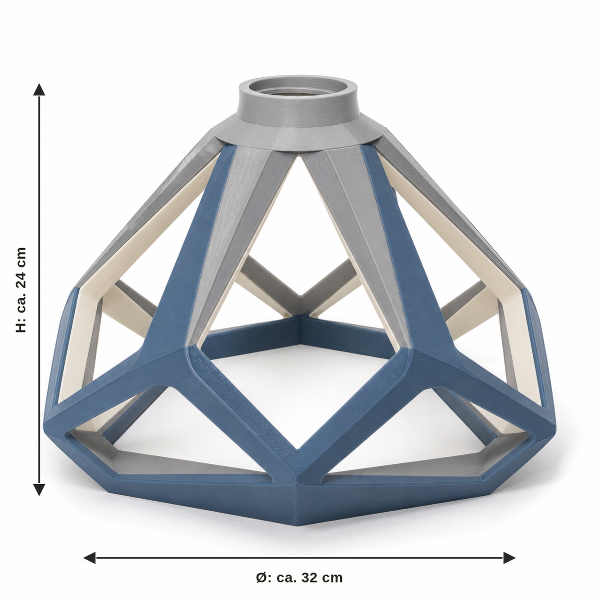 Dimensional image for Open Facet Lampshade in blue and grey: diameter approx. 32 cm, height approx. 24 cm
