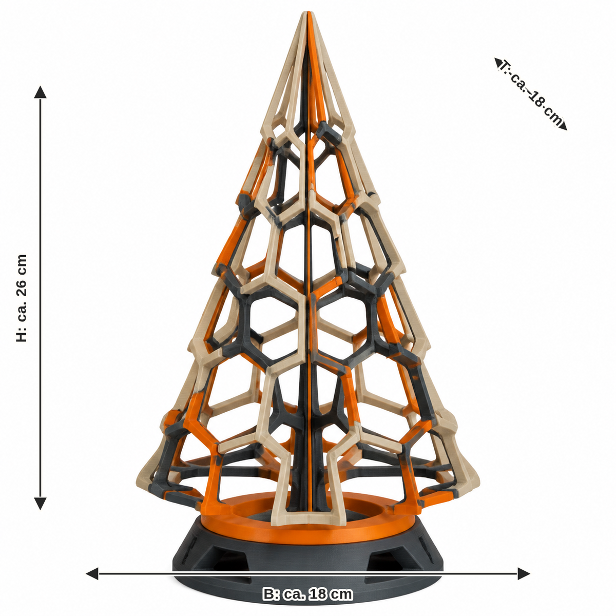 Maßbild für Offener Gitter-Weihnachtsbaum in Beige und Orange: Breite ca. 18 cm, Tiefe ca. 18 cm, Höhe ca. 26 cm