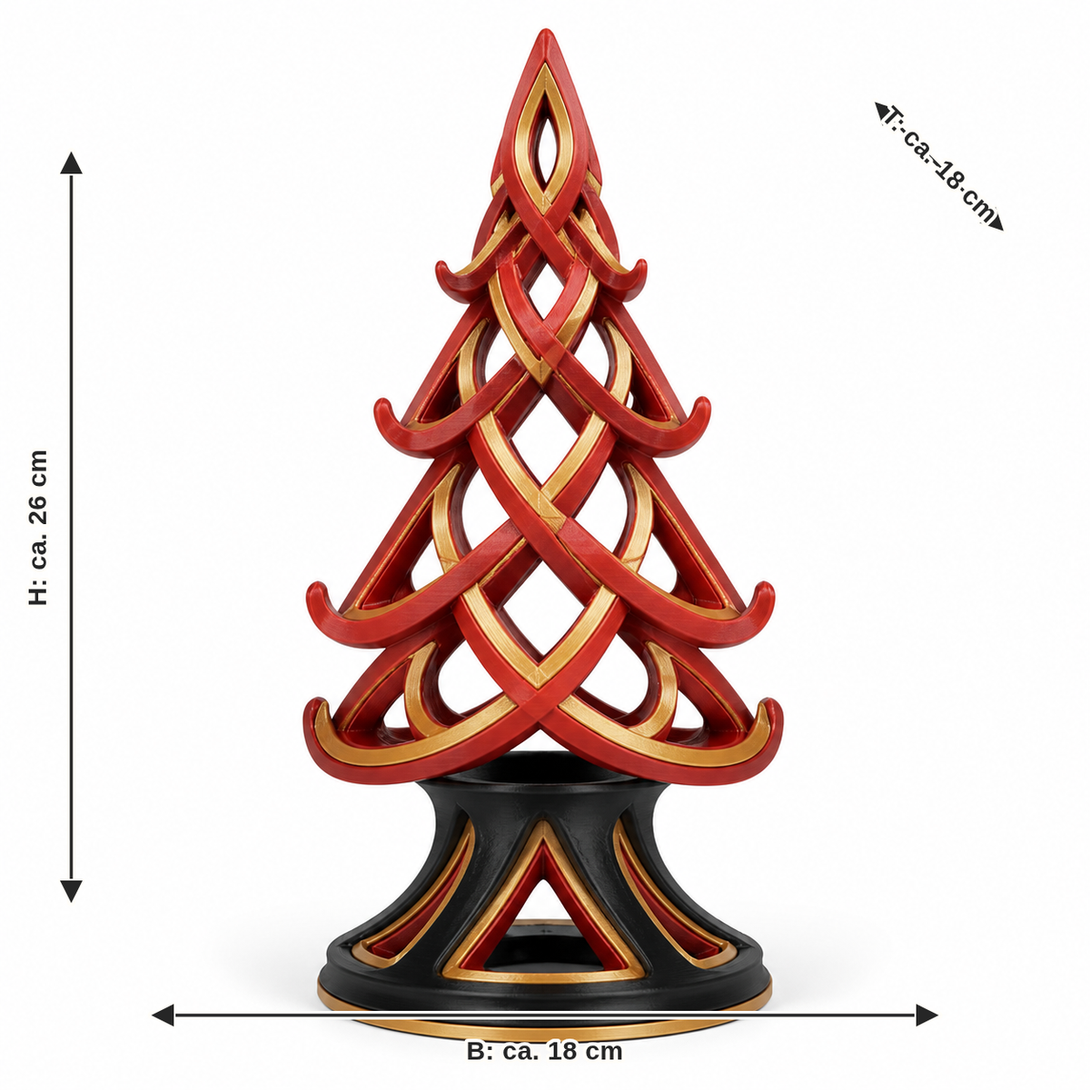 Maßbild für Offener Runen-Weihnachtsbaum in Rot und Gold: Breite ca. 18 cm, Tiefe ca. 18 cm, Höhe ca. 26 cm