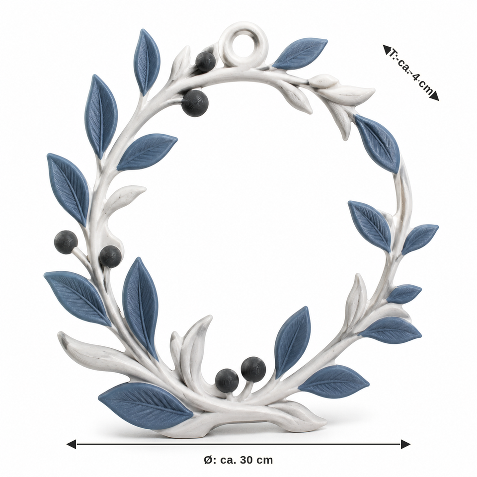 Maßbild für Offener Zweigkranz mit blauen Blättern: Durchmesser ca. 30 cm, Tiefe ca. 4 cm