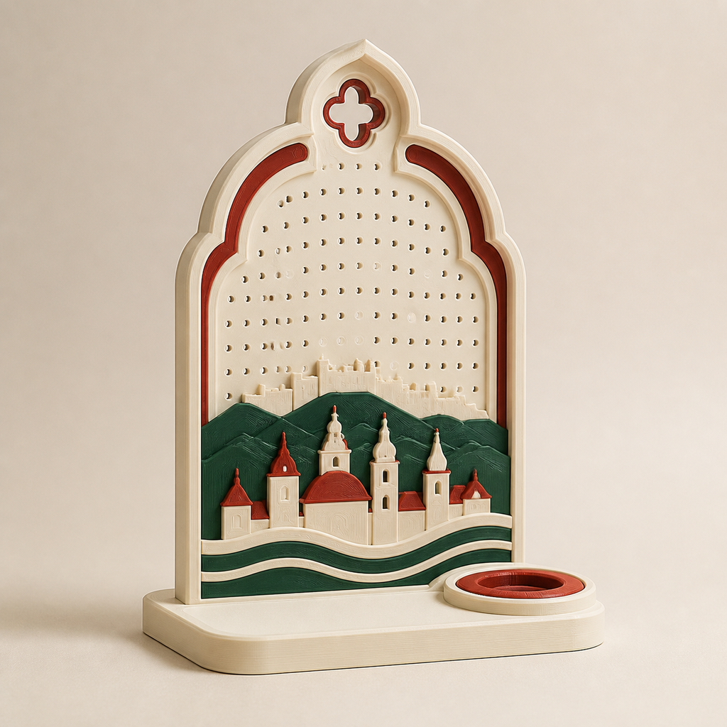 Old Town window earring holder – Salzburg from PETG on bright studio background
