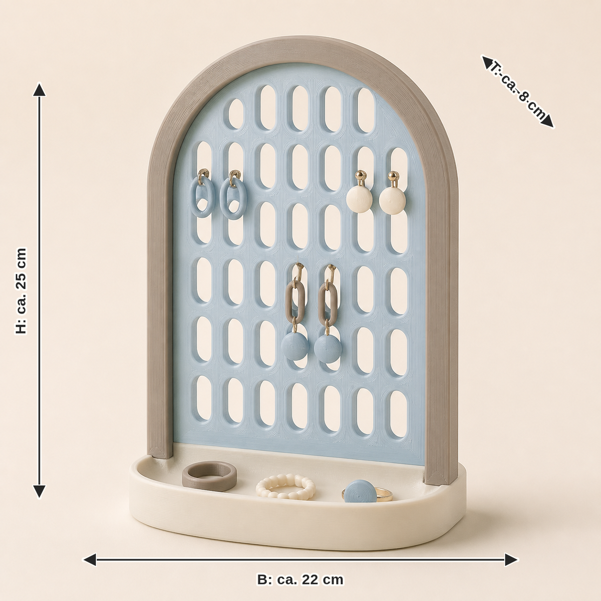 Dimensional image for earring holder arch windows – serene: width approx. 22 cm, depth approx. 8 cm, height approx. 25 cm