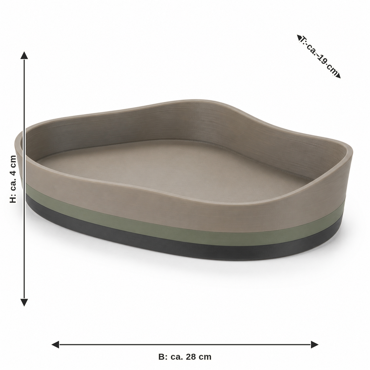 Maßbild für Organisch geformtes Dekotablett in Taupe: Breite ca. 28 cm, Tiefe ca. 19 cm, Höhe ca. 4 cm