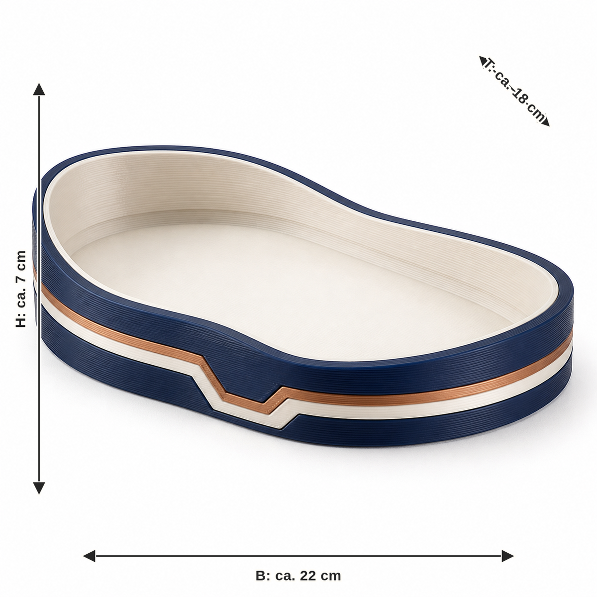 Maßbild für Organische Dekoschale in Creme und Blau: Breite ca. 22 cm, Tiefe ca. 18 cm, Höhe ca. 7 cm