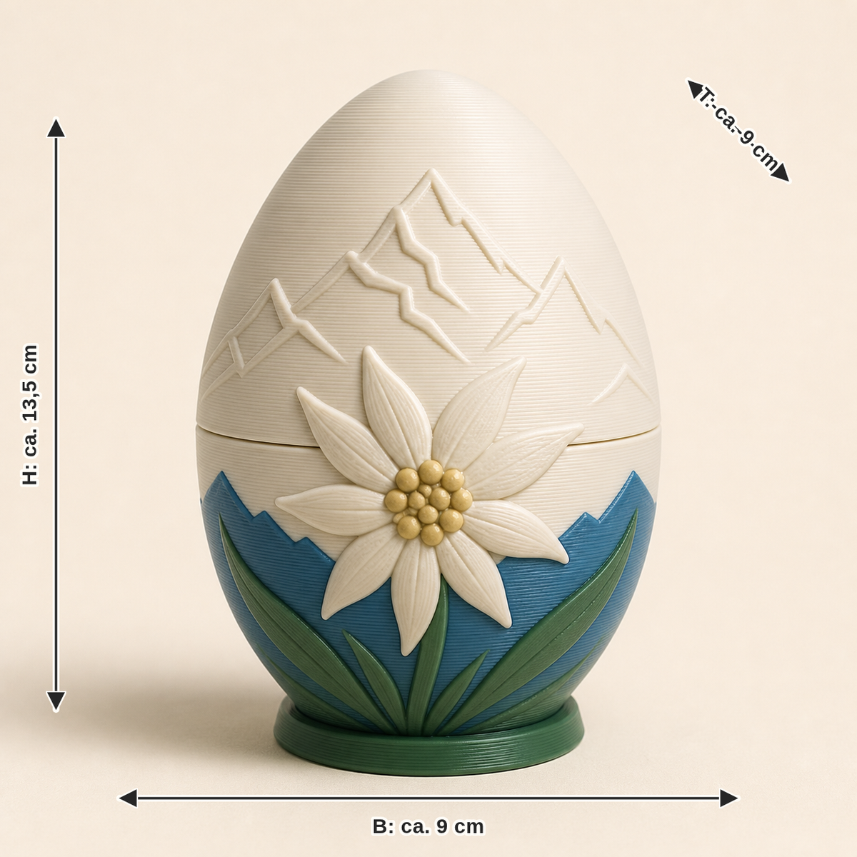 Dimensional image for Easter egg alpine flower: width about 9 cm, depth about 9 cm, height about 13.5 cm