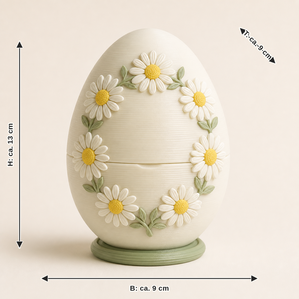 Dimensional image for Easter egg daisies: width about 9 cm, depth about 9 cm, height about 13 cm