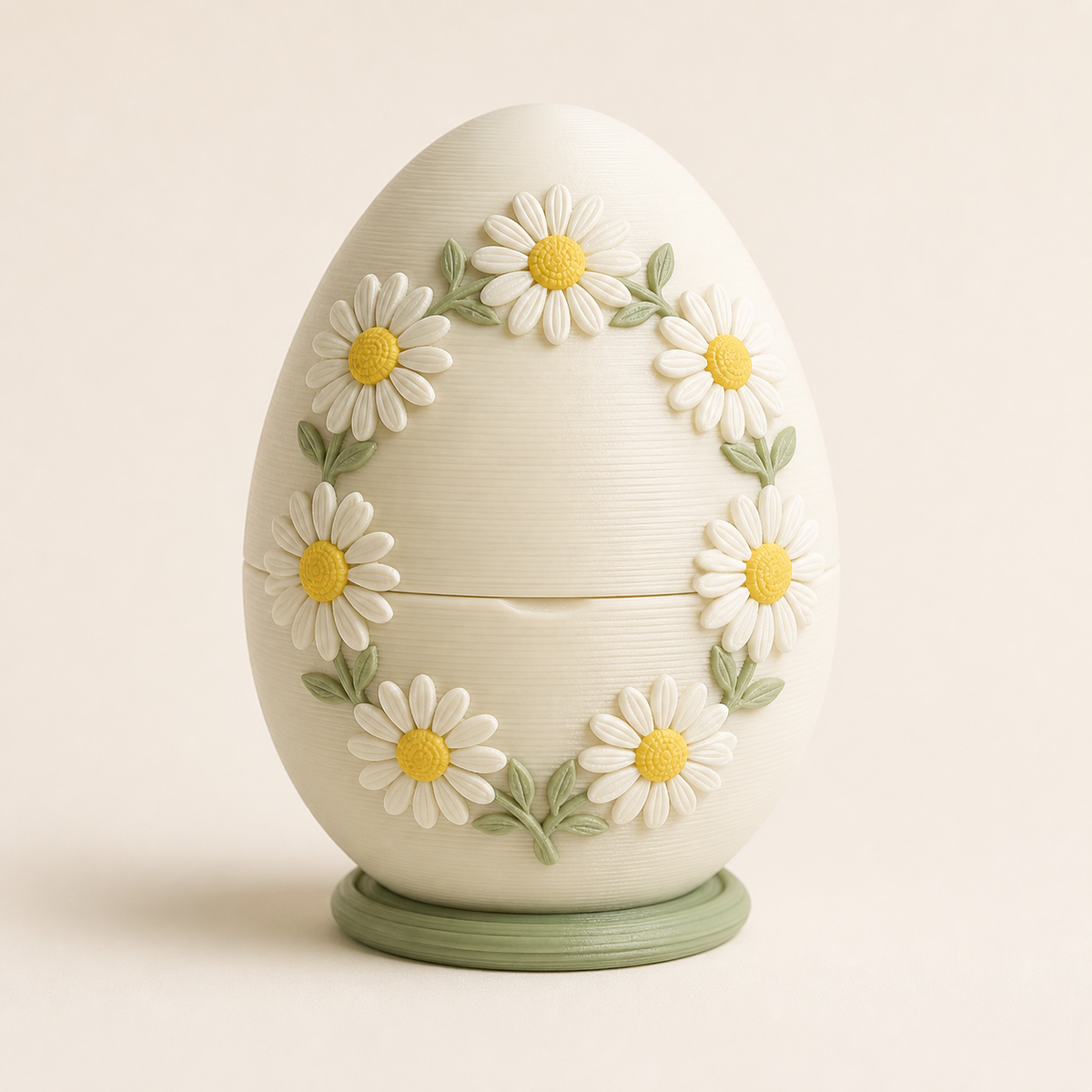 Easter egg daisies made of 3D printed PETG in warm white, Sun yellow, sage green