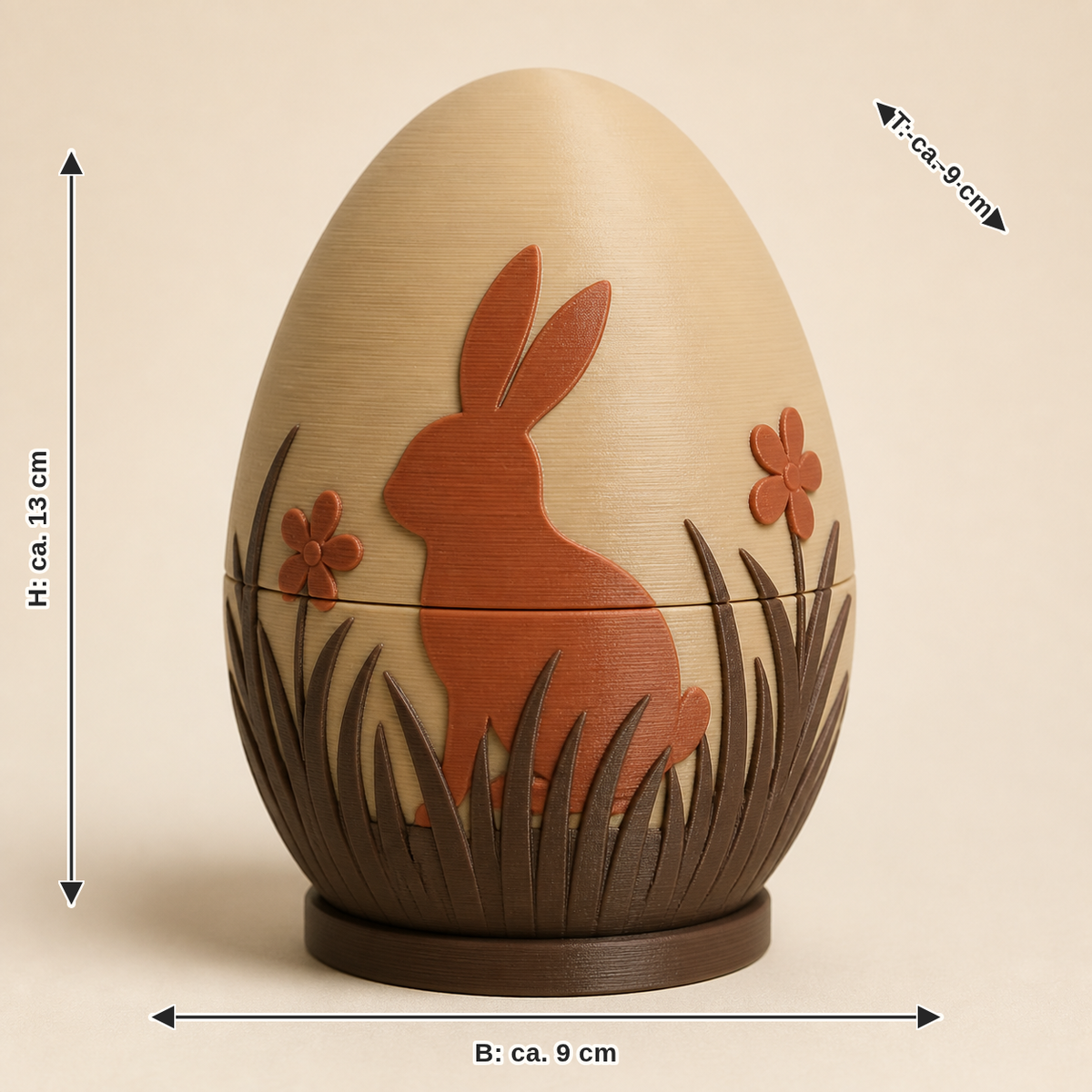Dimensional picture for Easter egg Rabbit relief: width about 9 cm, depth about 9 cm, height about 13 cm