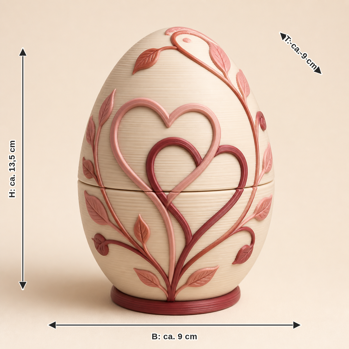Dimensional picture for Easter egg heart line: width about 9 cm, depth about 9 cm, height about 13.5 cm