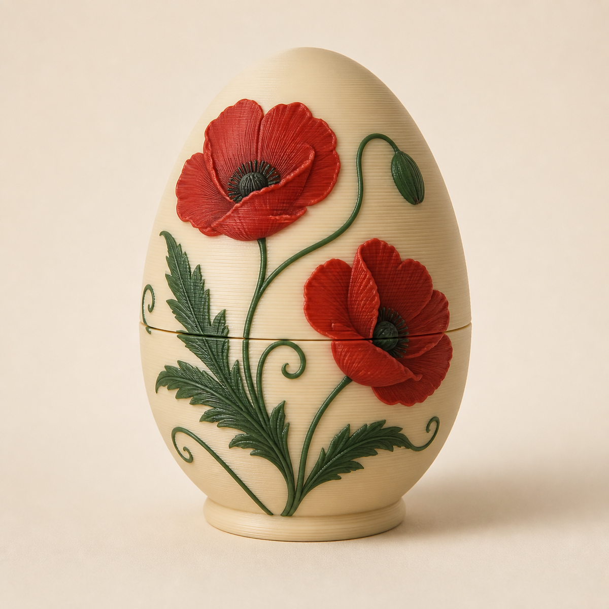 Easter egg poppy rope from 3D-printed PETG in cream, Poppy red, dark green