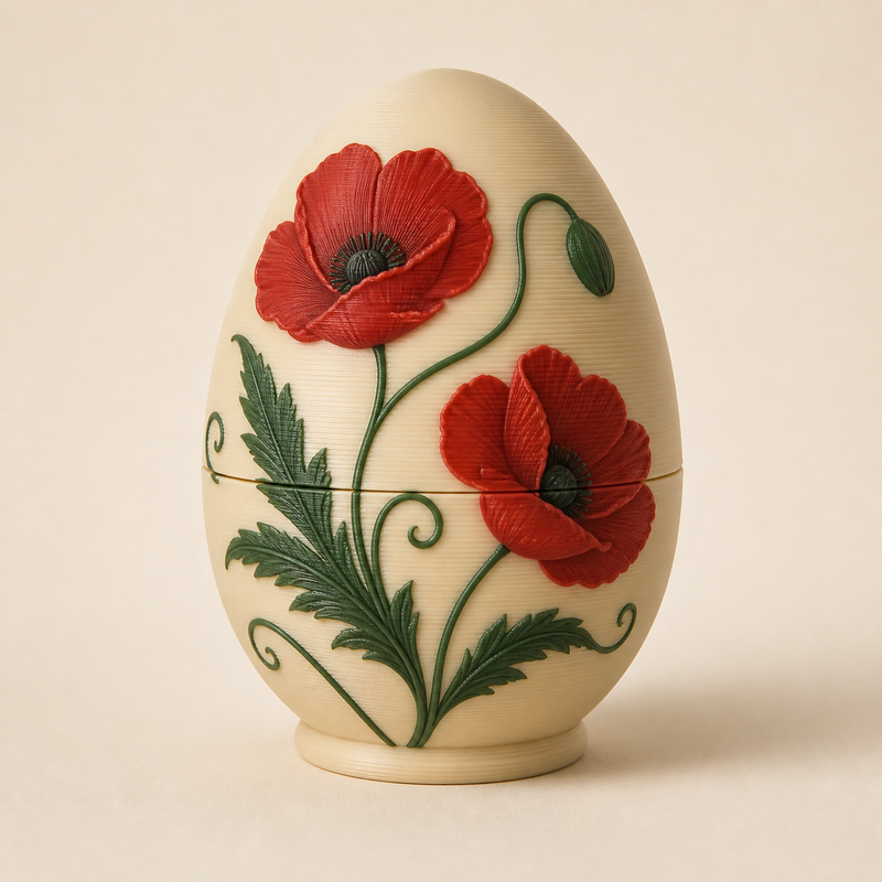 Easter egg poppy rope from 3D-printed PETG in cream, Poppy red, dark green
