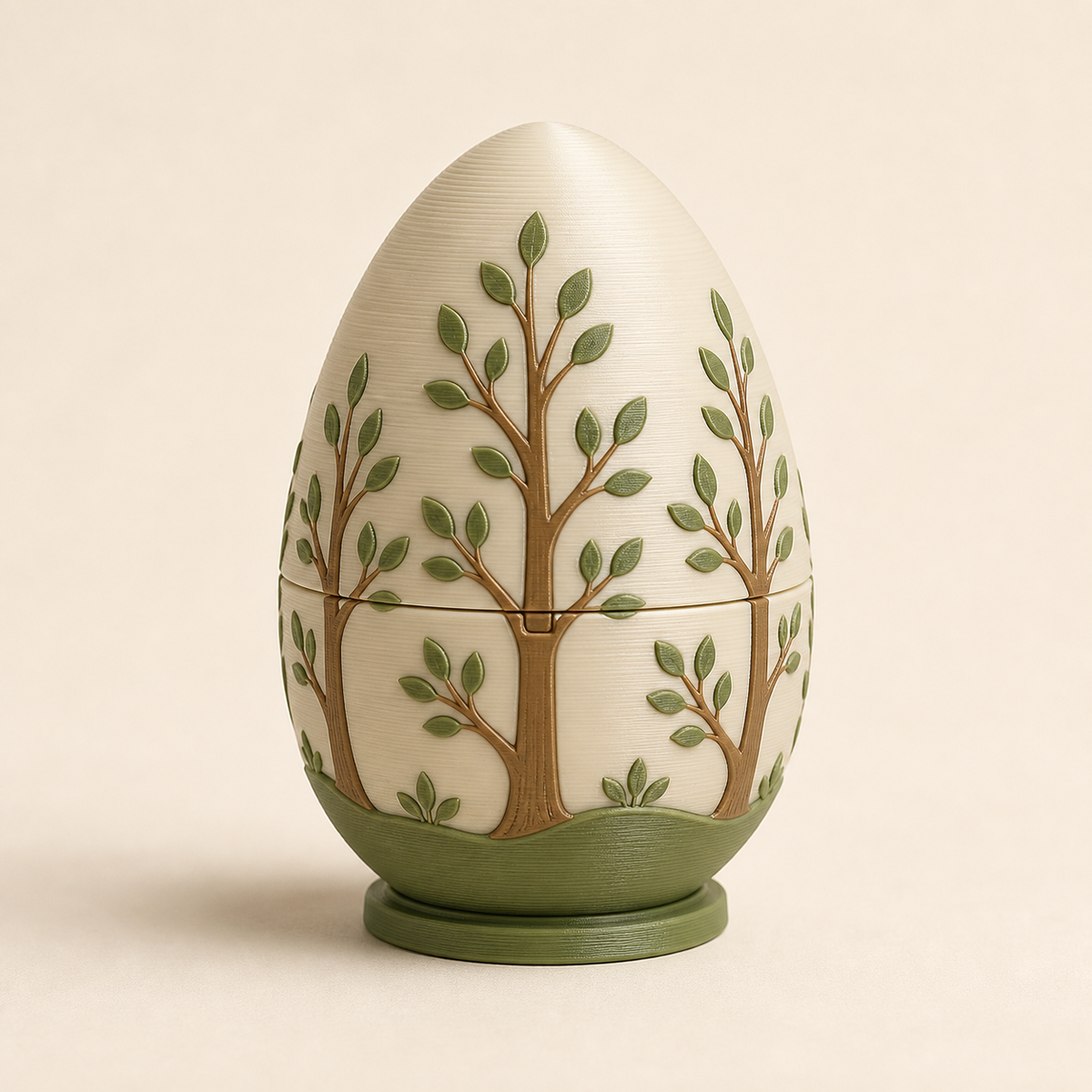 Easter egg Osterwald from 3D-printed PETG in cream, moss green, Natural brown