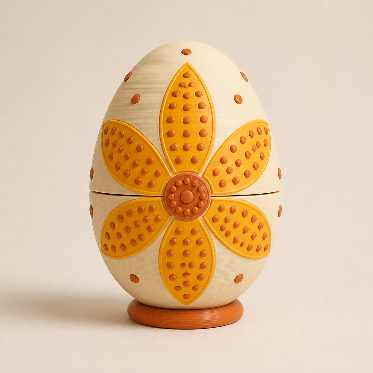 Easter egg dot flower from 3D-printed PETG in cream, sun yellow, terracotta