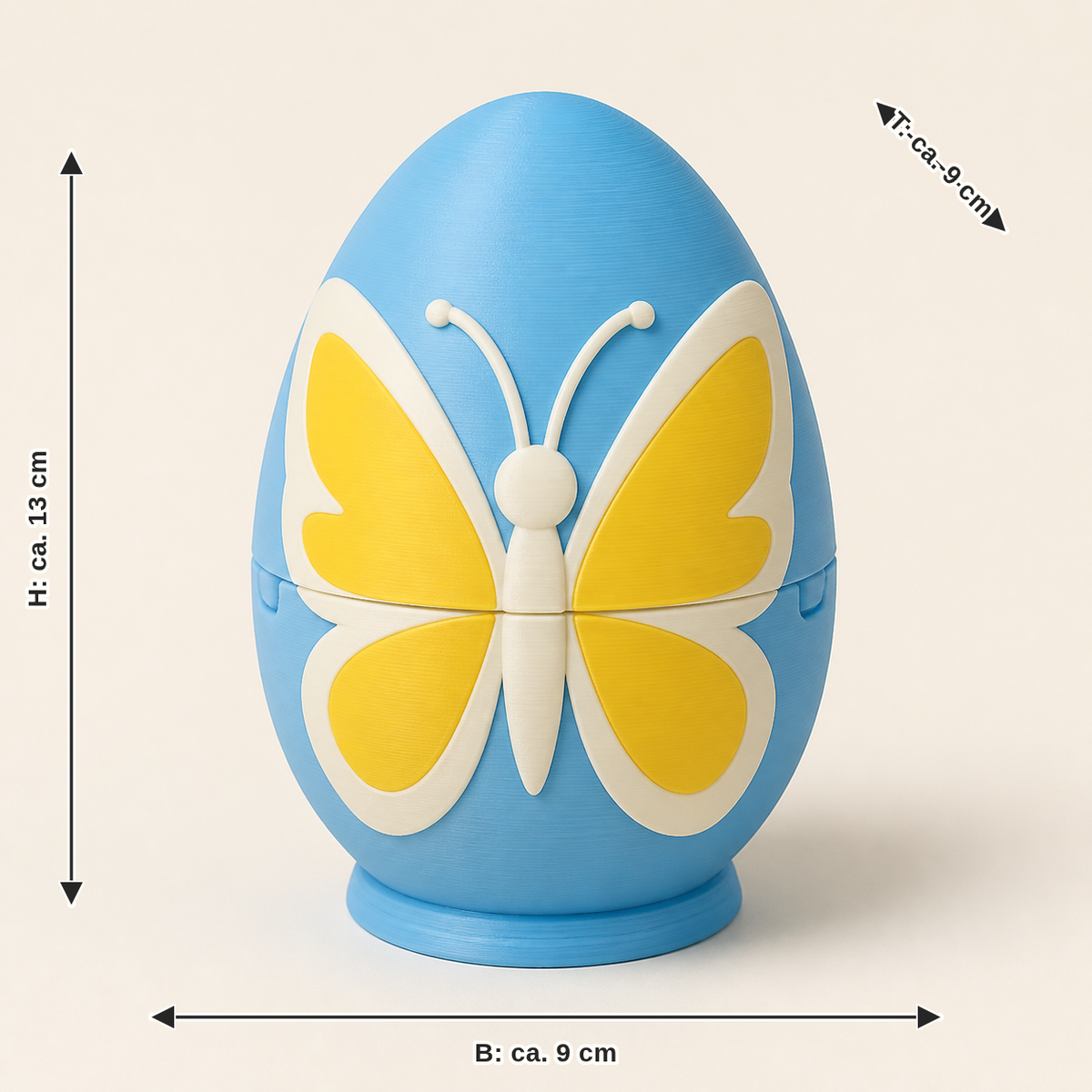 Dimensional picture for Easter egg butterfly: width about 9 cm, depth about 9 cm, height about 13 cm