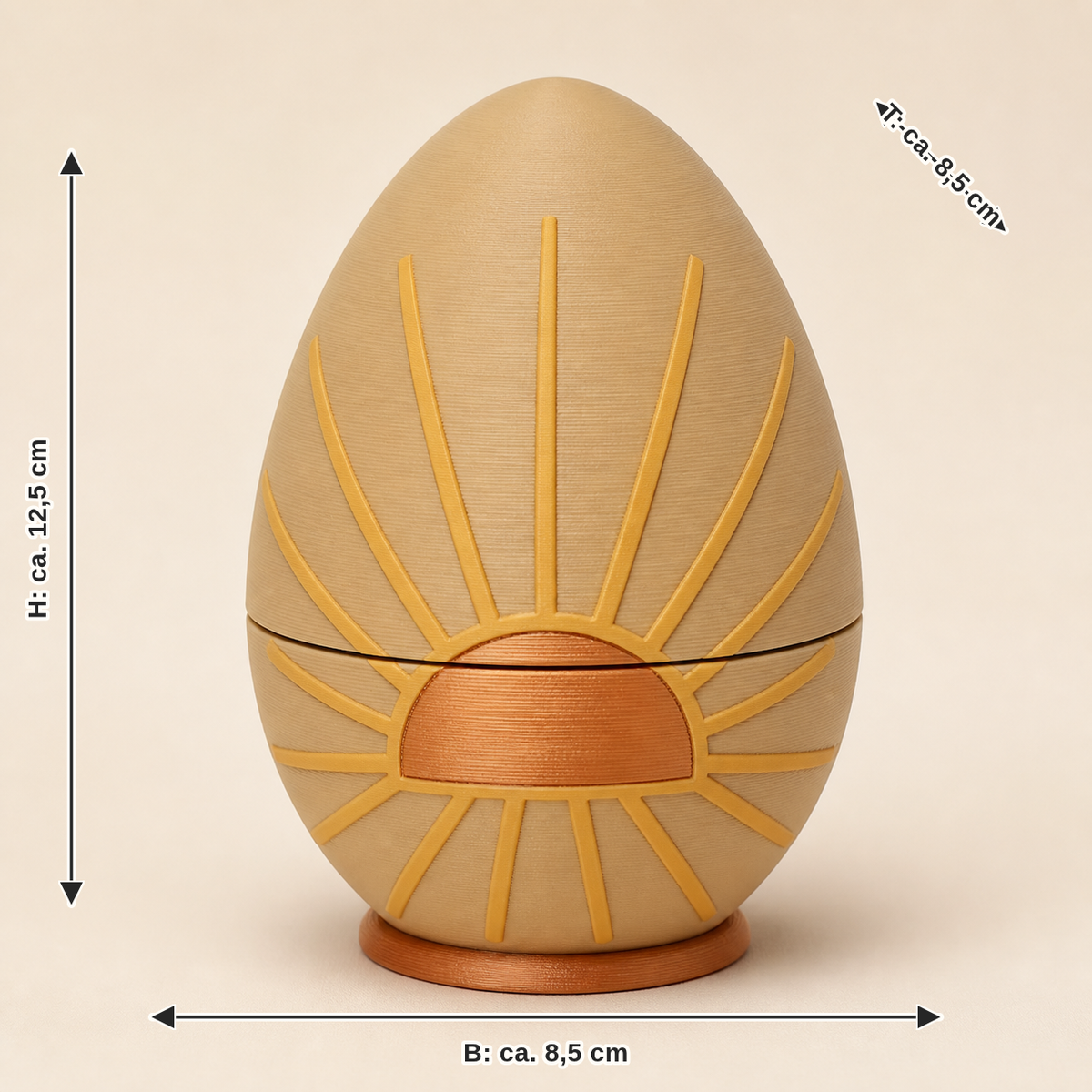 Dimensional image for Easter egg sunbeam: width about 8.5 cm, depth about 8.5 cm, height about 12.5 cm