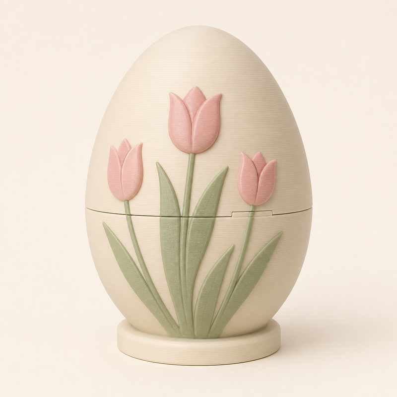 Osterei Tulpenbogen aus 3D-gedrucktem PETG in Warmweiß, Blütenrosa, Salbeigrün