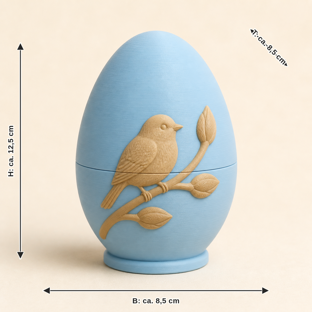 Dimensional picture for Easter egg bird silhouette: width about 8.5 cm, depth about 8.5 cm, height about 12.5 cm