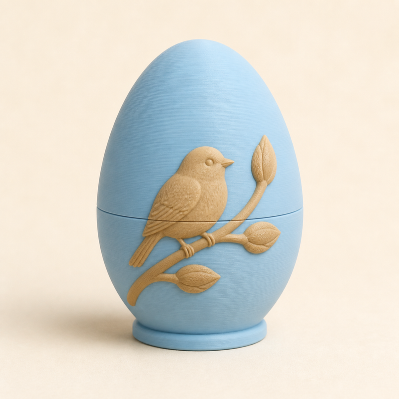 Osterei Vogelsilhouette aus 3D-gedrucktem PETG in Himmelblau, Creme, Naturbraun