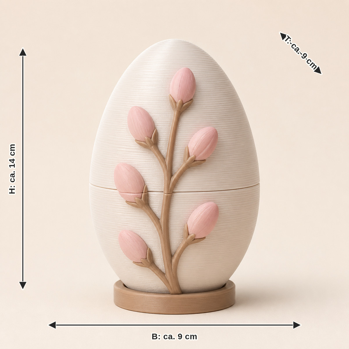 Dimensional picture for Easter egg branch bud: width about 9 cm, depth about 9 cm, height about 14 cm