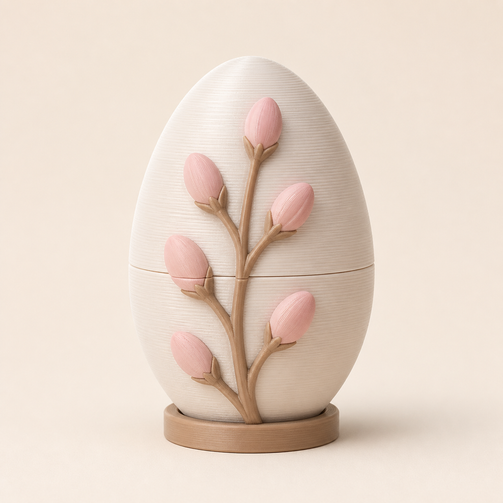 Easter egg branch bud made of 3D-printed PETG in warm white, pink, natural brown