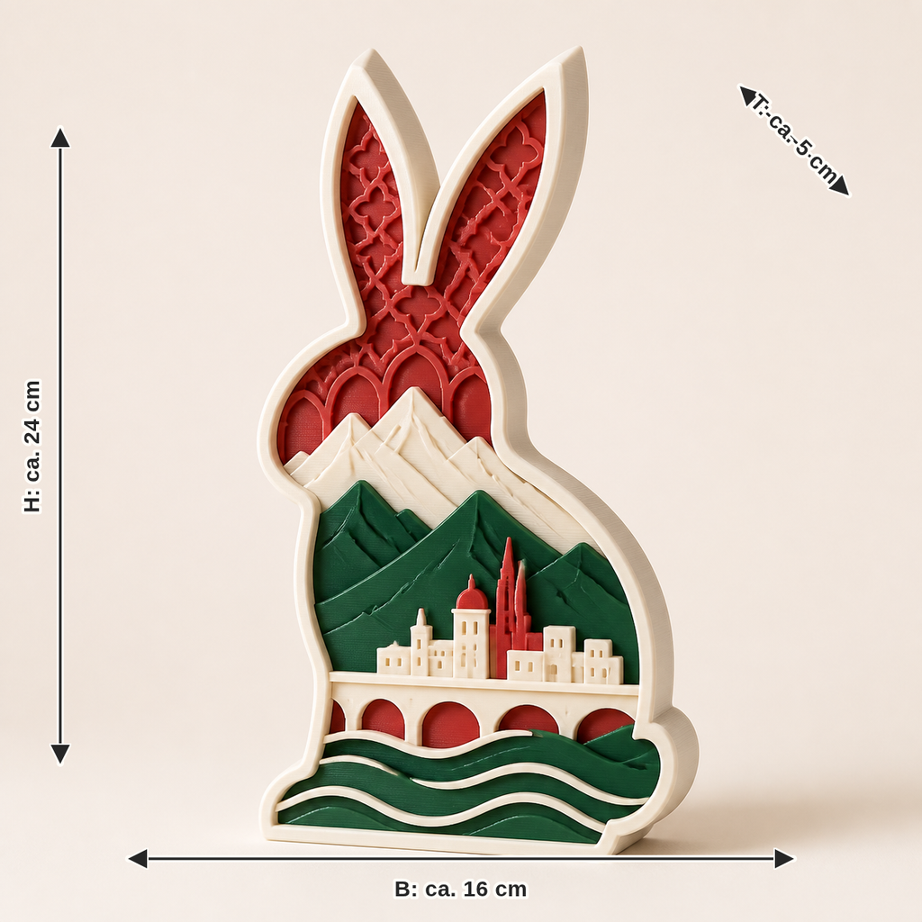 Maßbild für Osterfigur Alpenhase – Salzburg: Breite ca. 16 cm, Tiefe ca. 5 cm, Höhe ca. 24 cm
