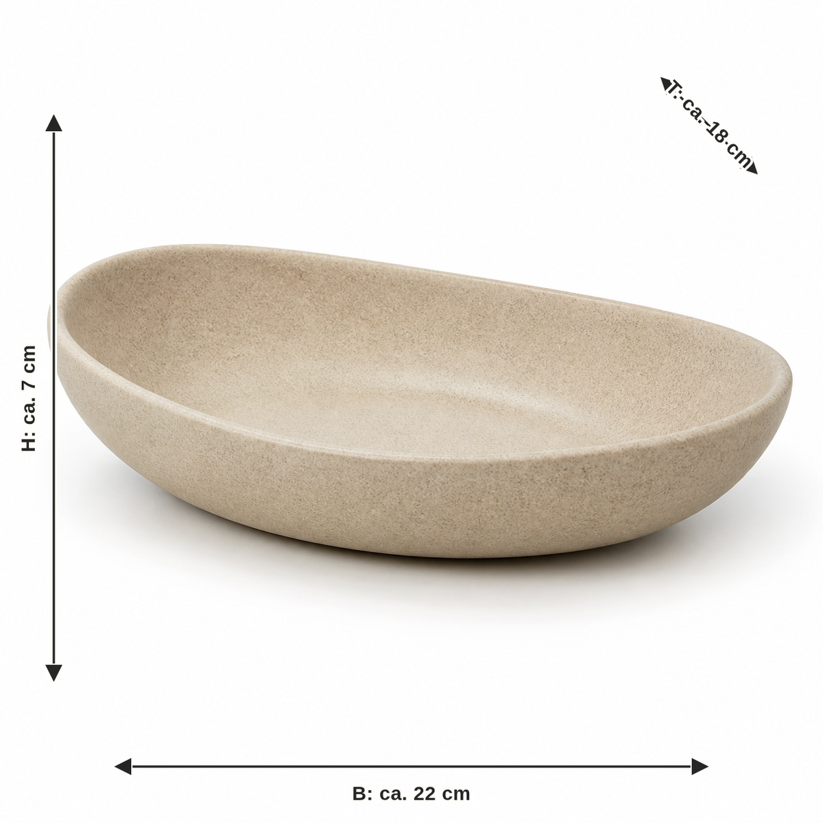 Maßbild für Ovale Dekoschale in Sandbeige: Breite ca. 22 cm, Tiefe ca. 18 cm, Höhe ca. 7 cm