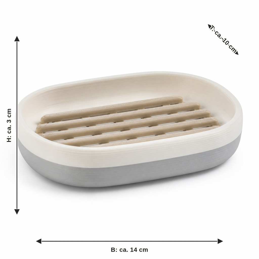 Dimensional image for oval soap dish with fine drain ribs: width approx. 14 cm, depth approx. 10 cm, height approx. 3 cm