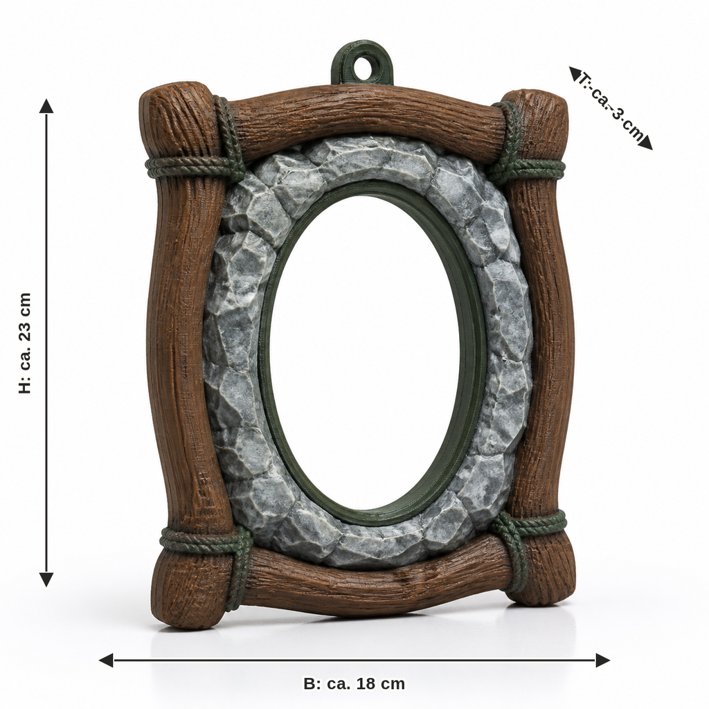 Maßbild für Ovaler Bilderrahmen in Stein- und Astoptik: Breite ca. 18 cm, Tiefe ca. 3 cm, Höhe ca. 23 cm
