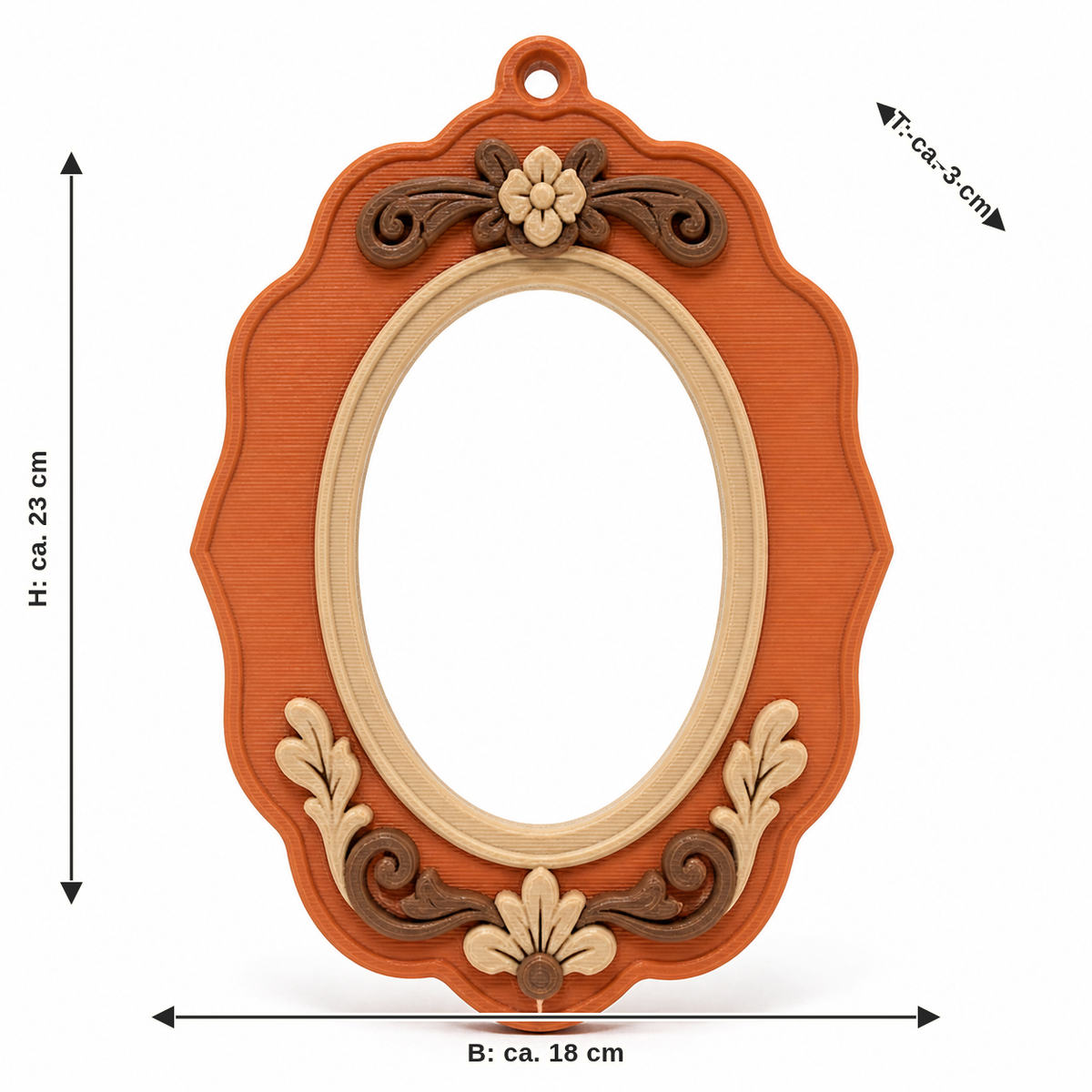 Dimensional image for Oval photo frame with flower ornaments: width approx. 18 cm, depth approx. 3 cm, height approx. 23 cm