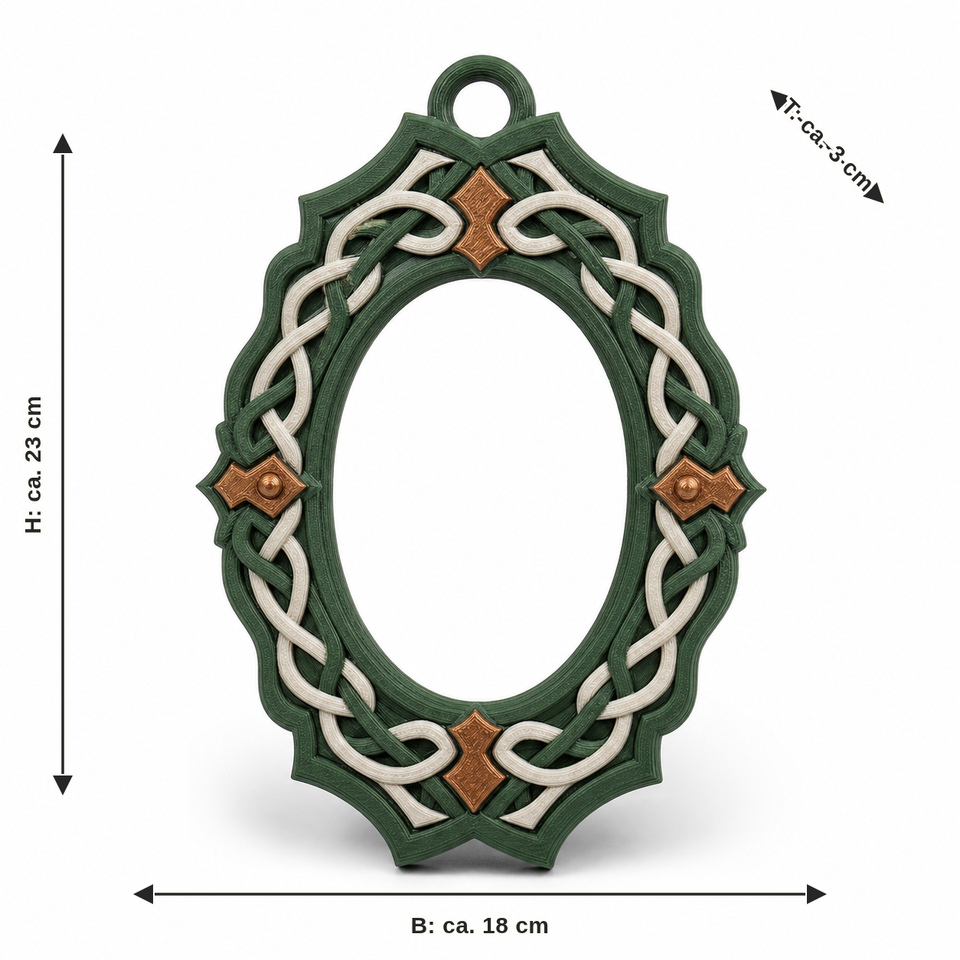 Maßbild für Ovaler Bilderrahmen mit Endlosknoten: Breite ca. 18 cm, Tiefe ca. 3 cm, Höhe ca. 23 cm
