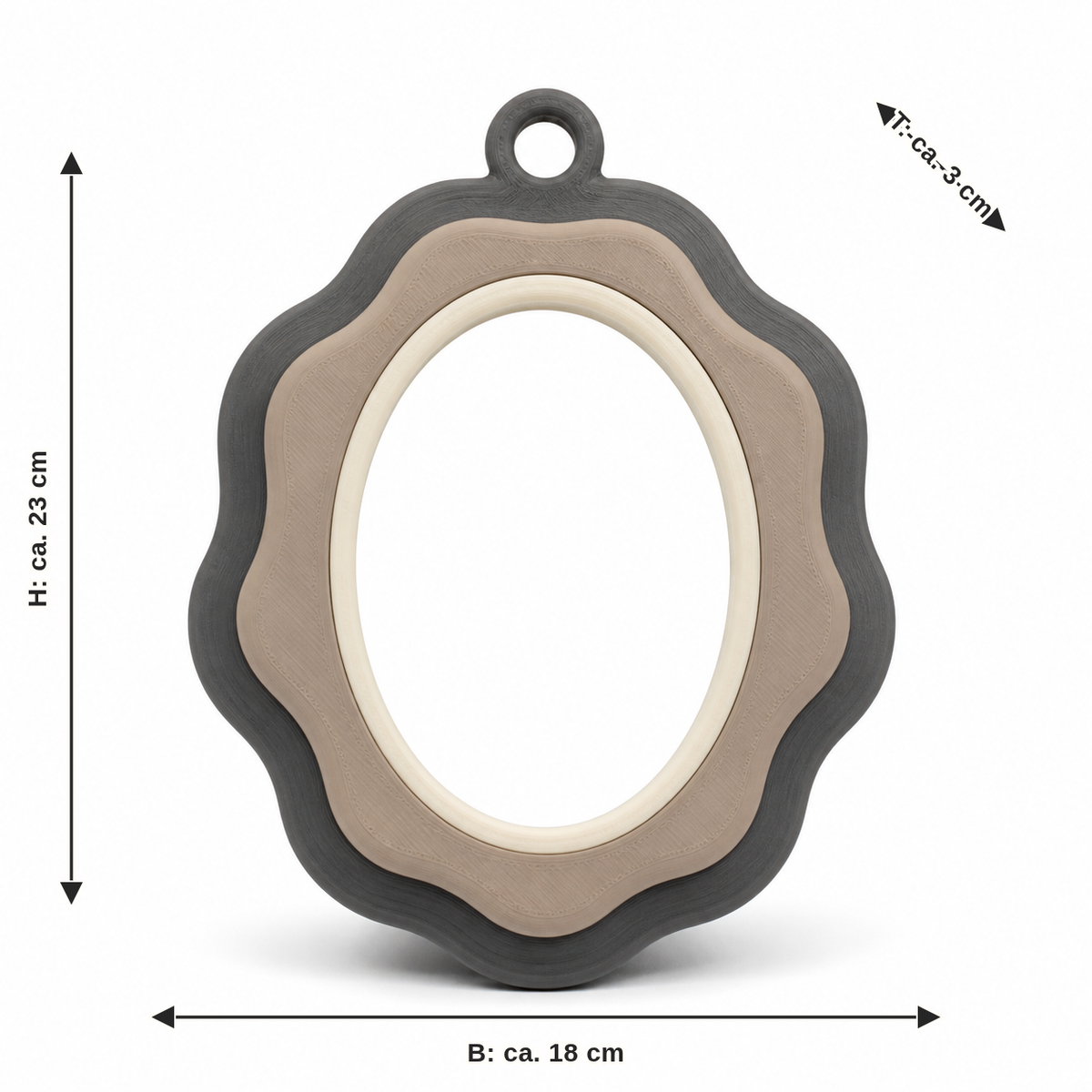 Dimensional image for Oval photo frame with corrugated edge: width approx. 18 cm, depth approx. 3 cm, height approx. 23 cm